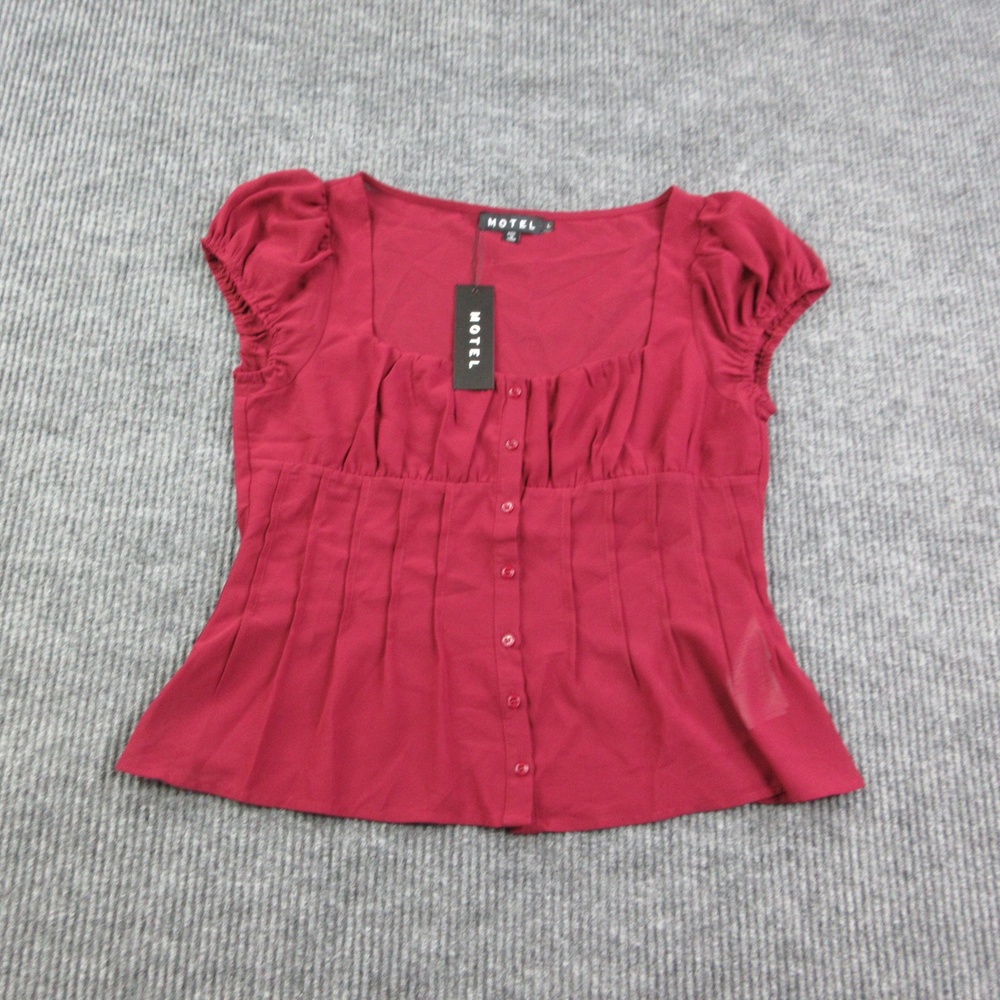 Motel Blouse Womens L Burgundy Rolina Chiffon Puff Sleeve Button Square Neck NWT